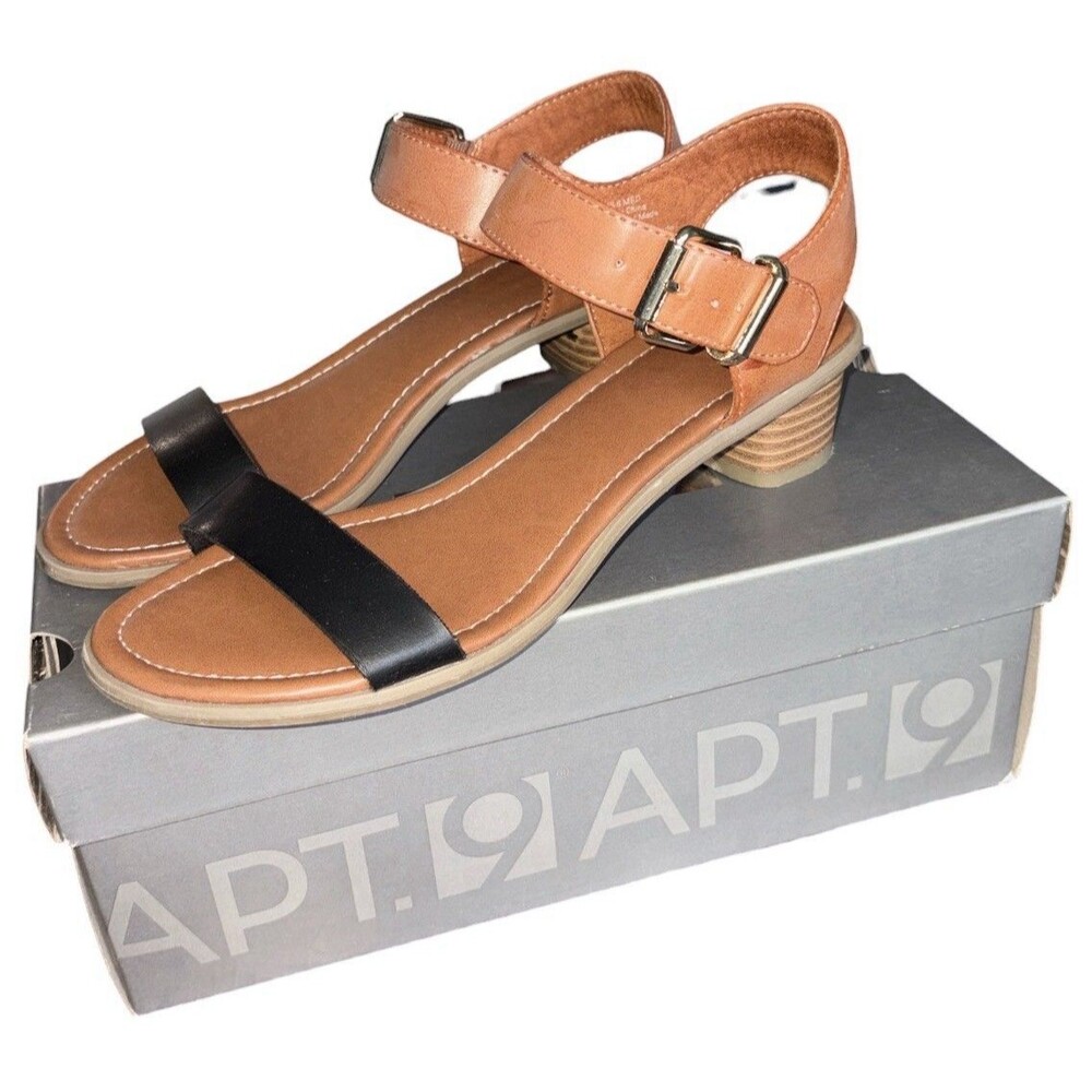 APT. 9 Womens 8 Open Toe Block Heel Sandals Brown Black Strappy Minimalist Shoes